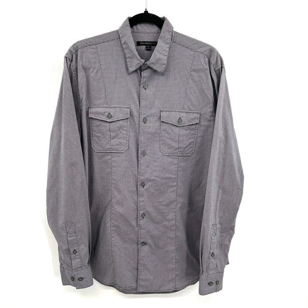 JOHN VARVATOS Navy Blue Gray Check 100% Cotton Button Up Dress Shirt Size Medium